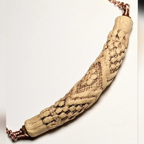 Vintage Embossed Ceramic Bar Necklace Artisan Crafted Jewelry Pure Copper Chain - Picture 8 of 16